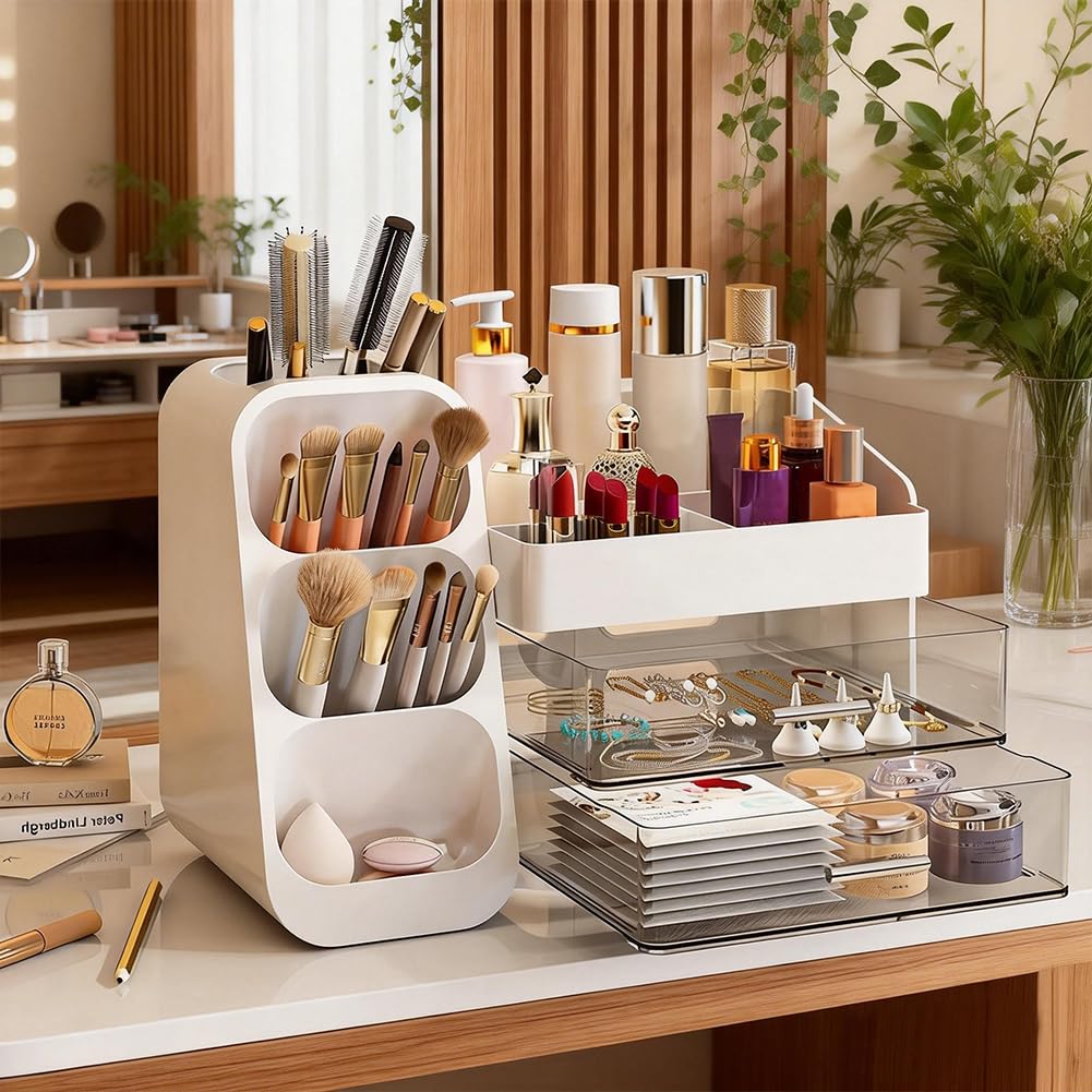 Organisateur cosmétique avec 3 tiroirs, grand rangement et portable, boîte de rangement pour le bureau, les voyages et la salle de bain, idéal pour les amateurs de maquillage et les