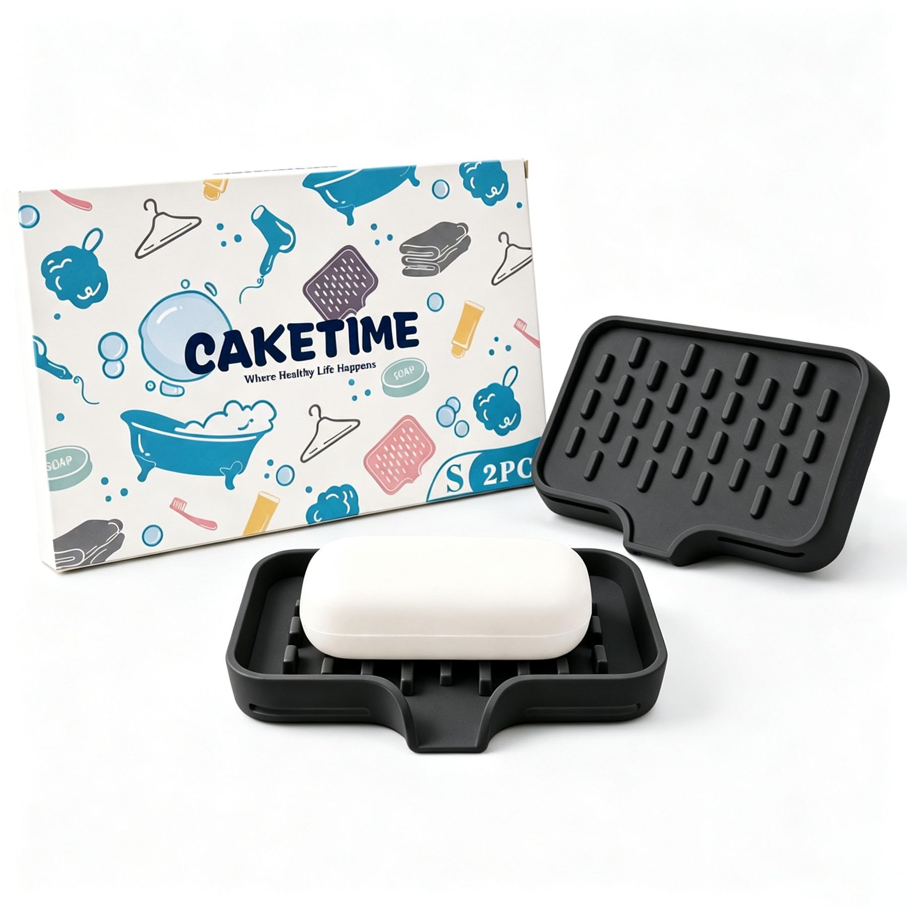 CAKETIME 2 Pack Silicone Soap Dish with Drainage Holes for Bathroom Shower Caddy Kitchen Counter Sponge Holder Bar Sink Organizer Gadgets Gears Items Self Draining Jabonera Generic Random Stuff Black