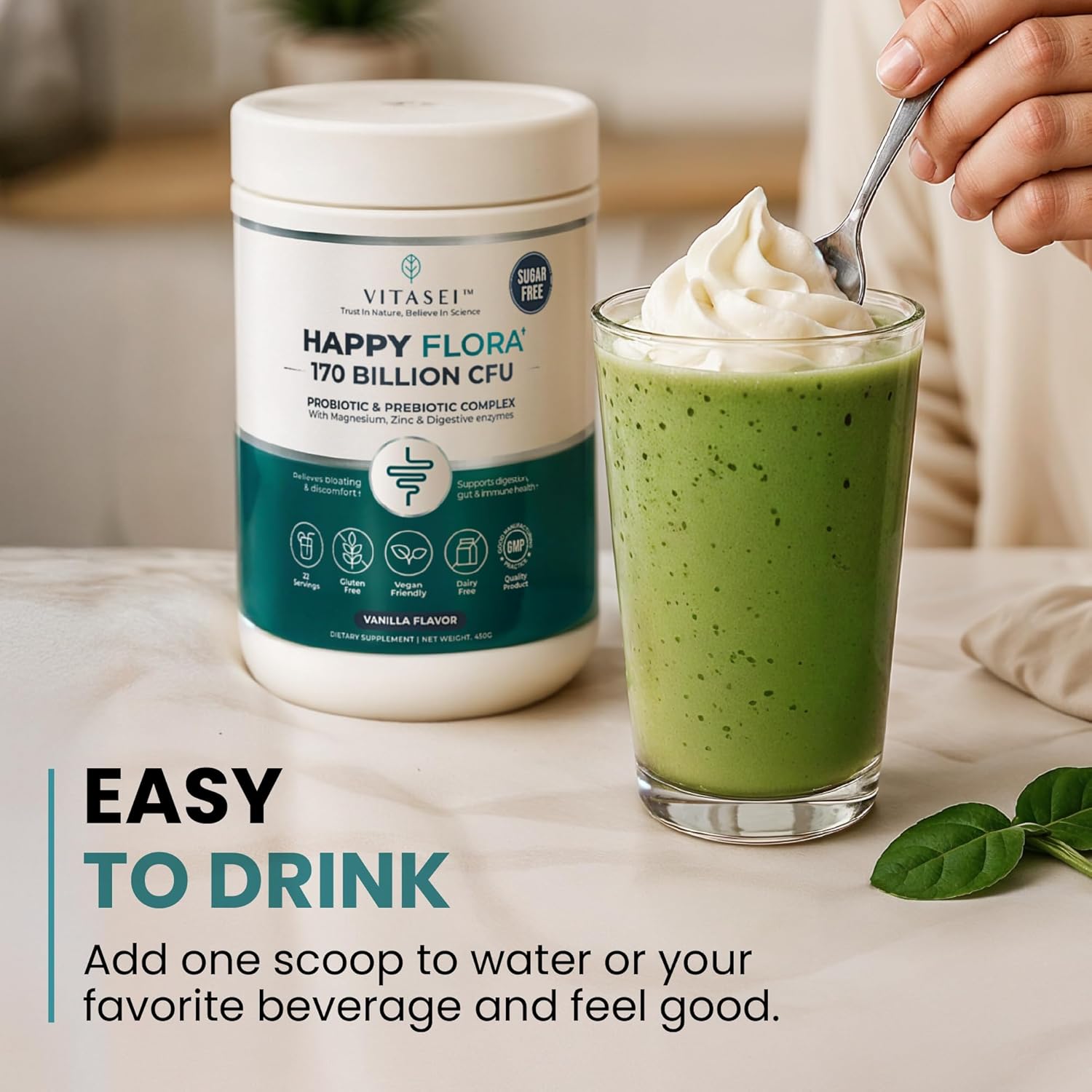 VITASEI Happy Flora Probiotic & Prebiotic Complex with Magnesium and Zinc - 170 Billion CFU for Gut Health -16 oz