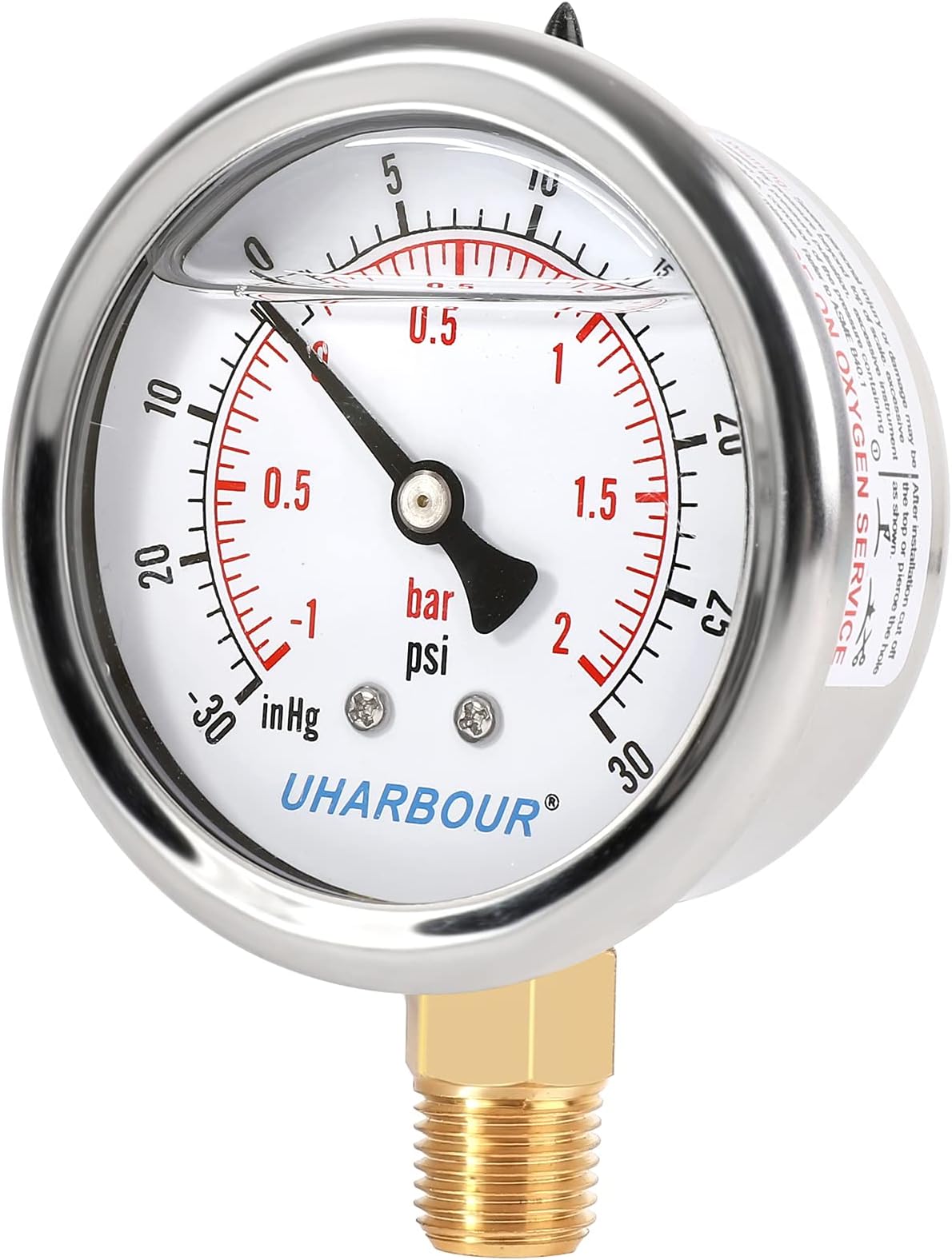 Glycerin Filled Vacuum Pressure Gauge, 2-1/2" Clear dial,1/4" NPT Bottom Connection, Stainless Steel Case, Brass Movement, Dual Scales -30HG/30PSI