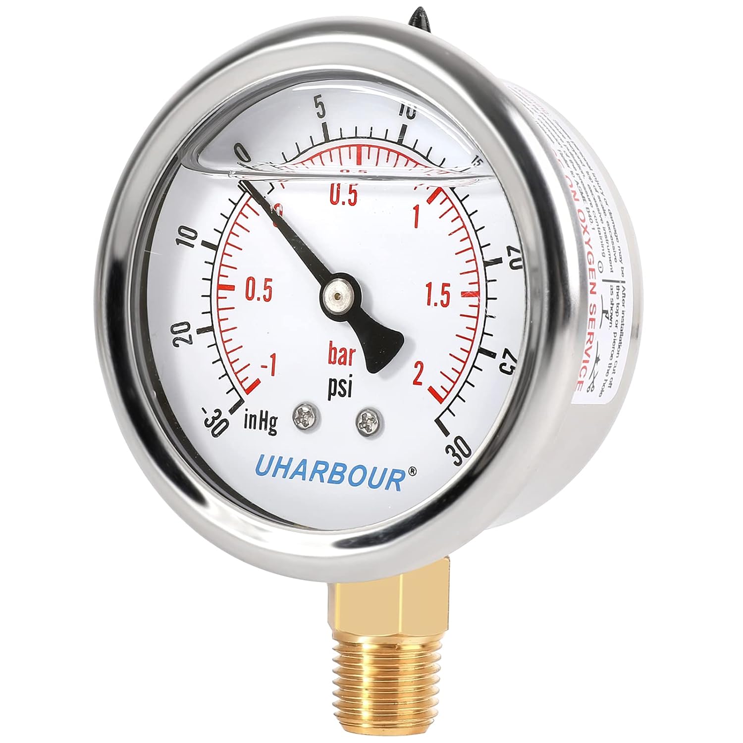 UHARBOURINSTRUMENT Glycerin Filled Vacuum Pressure Gauge 2.5" Dial, 1/4" NPT, Stainless Steel Case, -30HG/30PSI Dual Scale