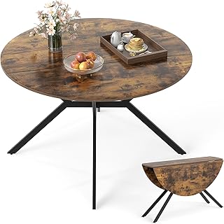 Giantex Folding Dining Table for 4-6 People, 47" Round Drop Leaf Table with Metal Frame, Mid-Century Modern Expandable Kitchen Tables for Small Spaces Dinette Living Room Restaurant (Rustic Brown)