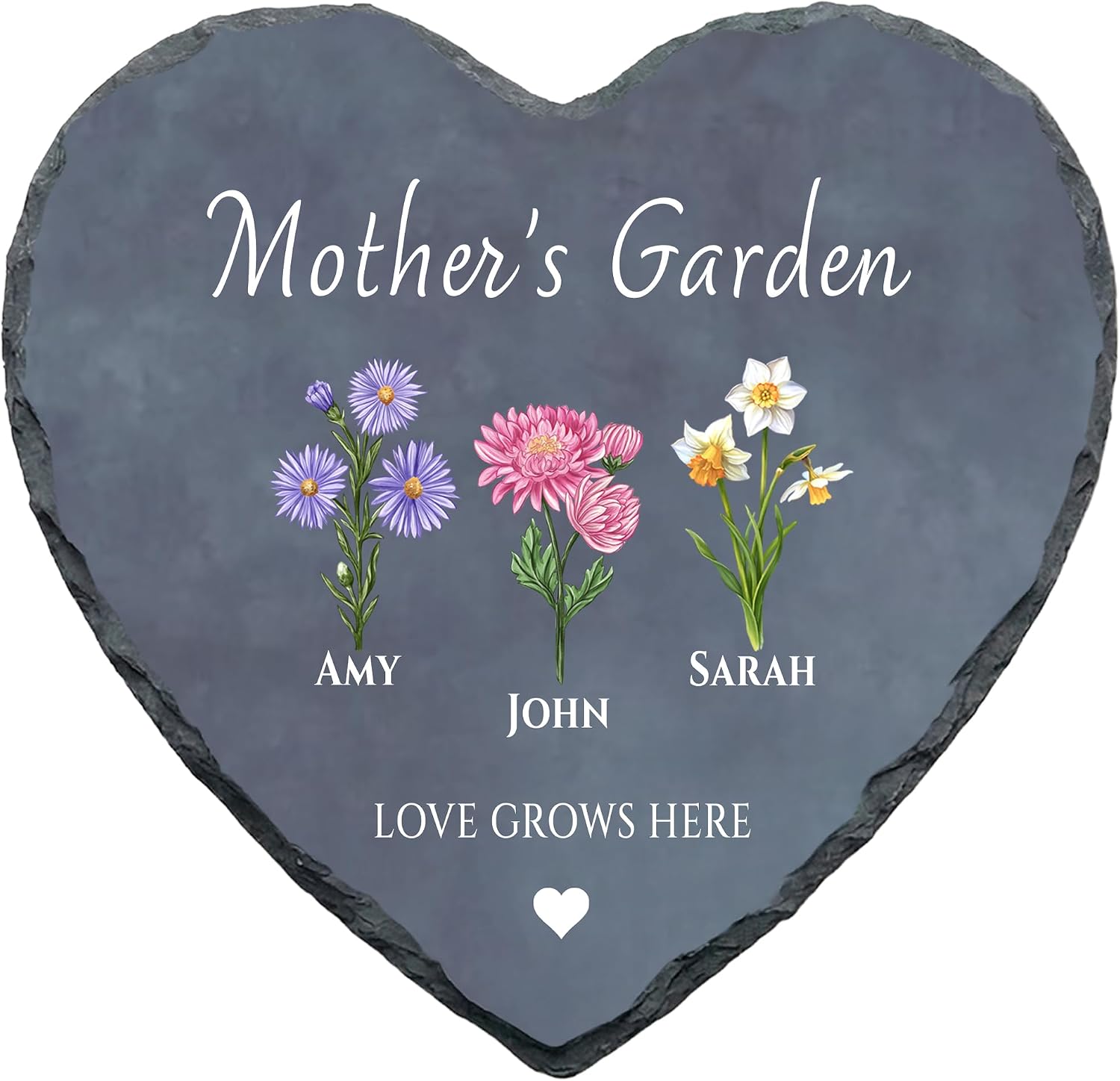 Mom’s Garden Stone Personalized with Kids Names & Birth Flowers - Custom Heart Slate Birthday Gift for Grandma, Nana, or Aunt - Unique Mother’s Day Gifts (S-204)