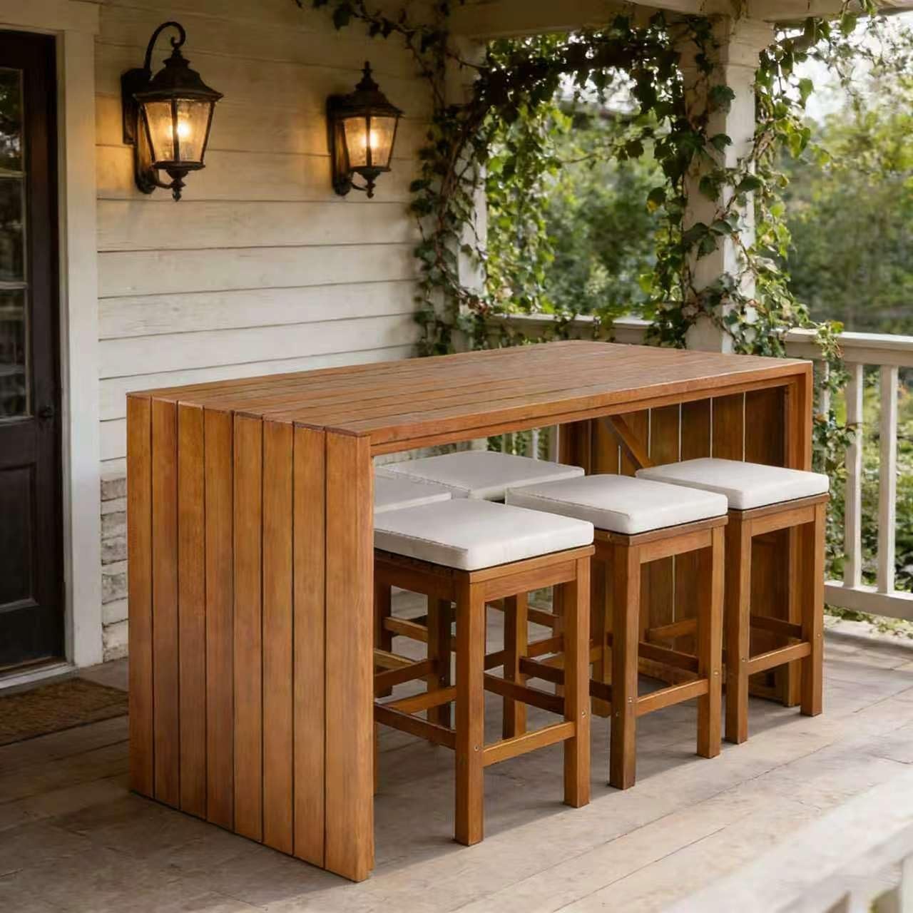 Outdoor Bar Set 5 Piece, Acacia Wood Bar Height Table & 4 Stools with Cushions, Weatherproof Patio Furniture for Backyard, Poolside & Deck Entertaining