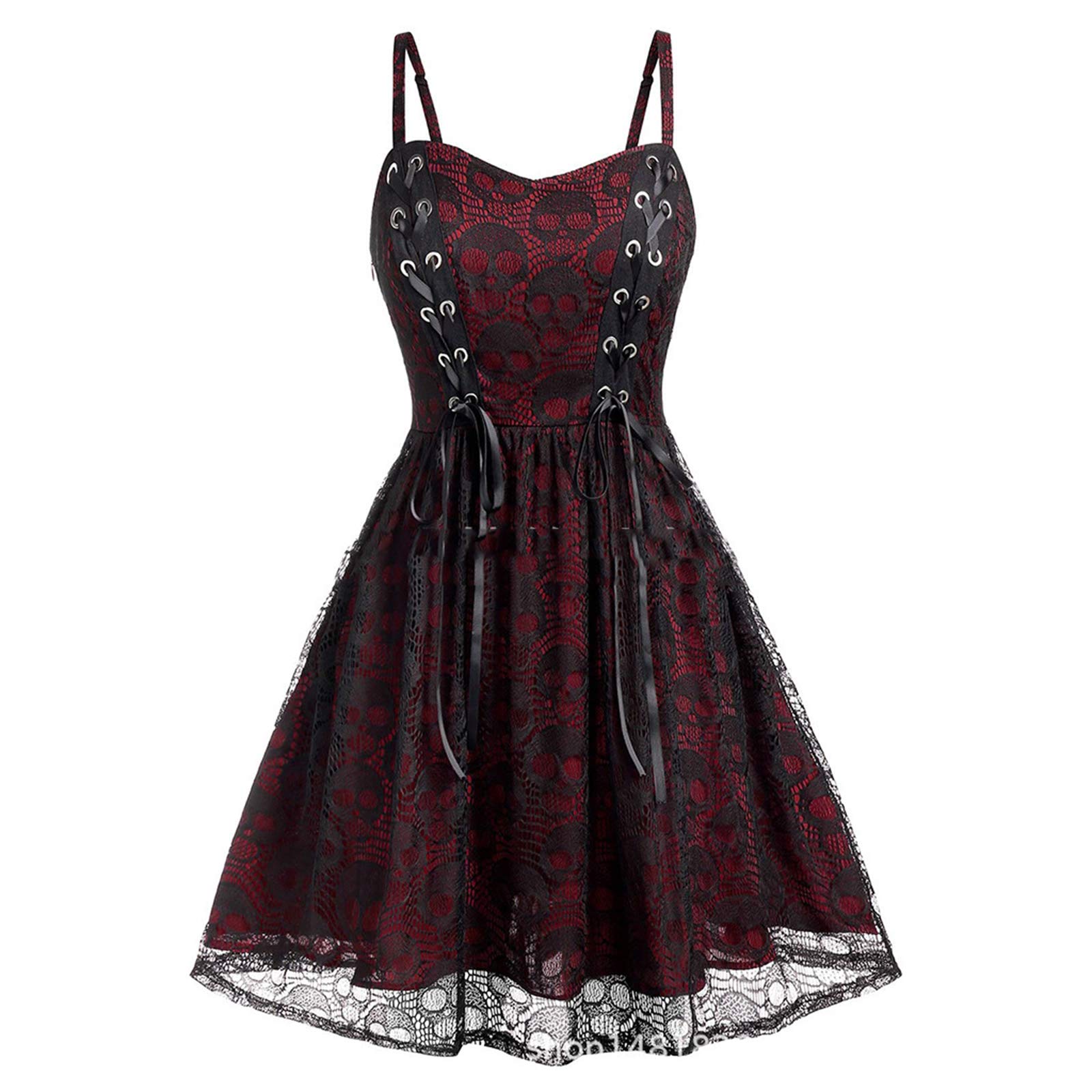 oneforus Womens Gothic Punk Vintage Lace Skull Suspender Dress Halloween Dress Red Wine