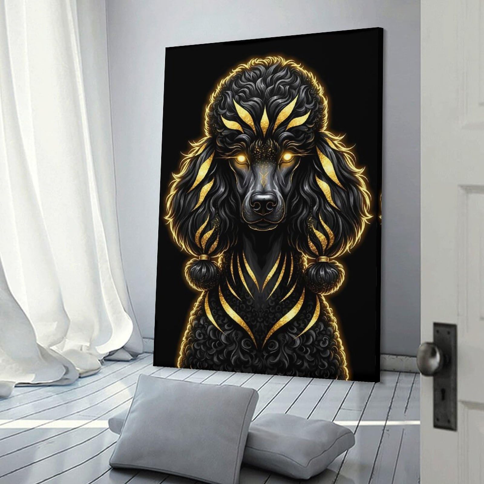 Junmoney Frame-Style-20 Wall Picture Print Elegant Black And Gold Poodle Portrait, 24X36inch(60X90cm), For Entrance Walls, Hall Decor Or Foyers, Home Artwork For First Impressions