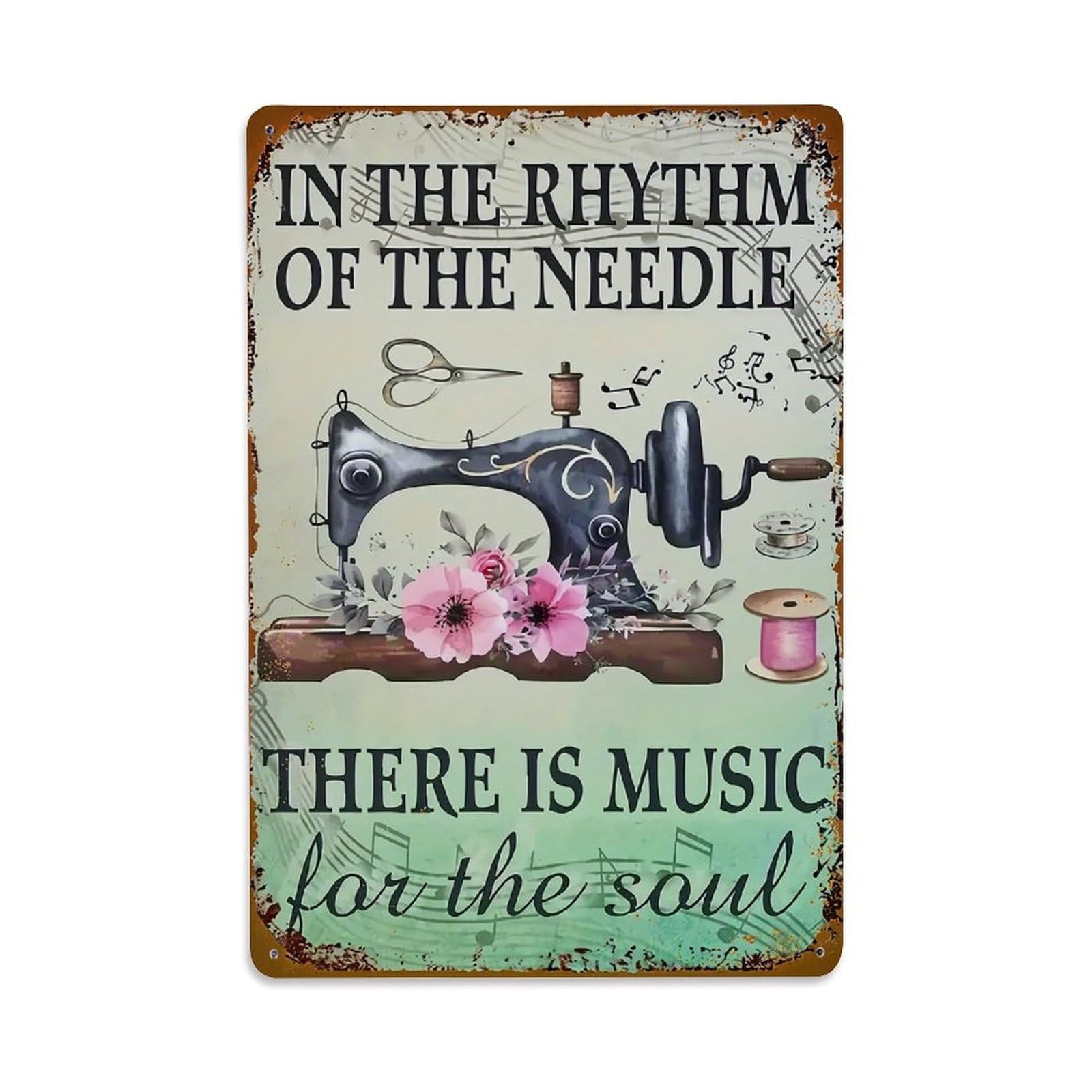 Vintage Sewing Machine Floral Music Retro Metal Tin Sign, Vintage Metal Poster for home, Gaming Room, Studio Workshop,Bar,Garage Wall Art Decor 8x12 Inch