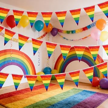 26.2FT Pride Bunting Flags, Pride Decorations, 25 Rainbow Stripes Triangle Flags Banner, Pre-Threaded Weatherproof Bunting for LGBTQ Gay Party Supplies, Festivals Celebrations, Home, Garden Decor