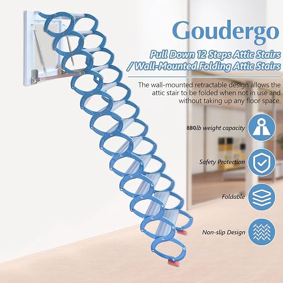 Folding Attic Ladder Pull Down System, 12-Step Wall-Mounted Loft Ladder, 880lbs Load Capacity, 10ft Al-Mg Alloy Retractable Attic Stairs with Anti-Slip Steps & Handrails for Indoor/Outdoor Use