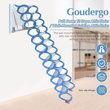 Folding Attic Ladder Pull Down System, 12-Step Wall-Mounted Loft Ladder, 880lbs Load Capacity, 10ft Al-Mg Alloy Retractable Attic Stairs with Anti-Slip Steps & Handrails for Indoor/Outdoor Use