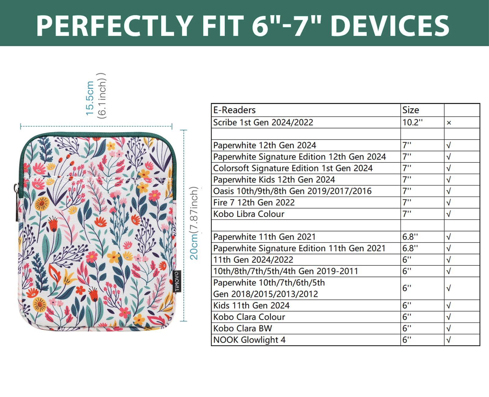 TiMOVO 6-7 Inch Sleeve Case for All-New Kindle 2022/10th Gen 2019 /Kindle Paperwhite 11th Gen 2021/Kindle Oasis E-Reader, Protective Sleeve Case Bag for Kindle (8th Gen, 2016), Flowers
