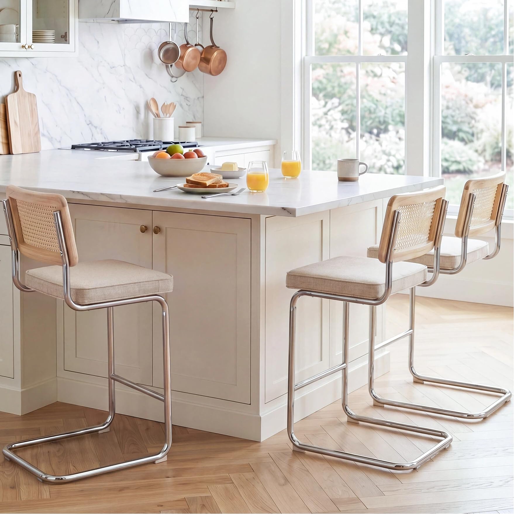 Zesthouse Natural Rattan Counter Stools Set of 3, 26" Modern Boho Barstools