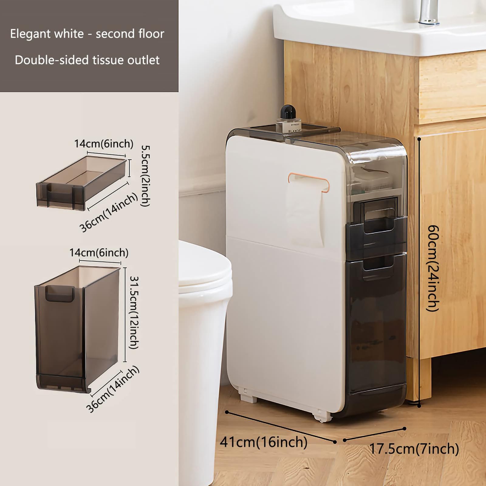 Armadietto da bagno stretto per spazi vuoti, cassettiera sottile con 4 cassetti e 2 ruote, armadietto in piedi per WC, grande capacità, ad angolo alto