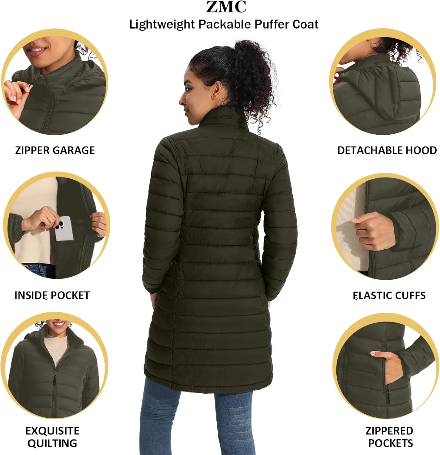 ZMC Packable Women Puffer Coat, Lightweight Water-Resistant Puffer Jacket Detachable Hood Slim-Fit Winter Coat for Women - Image 3