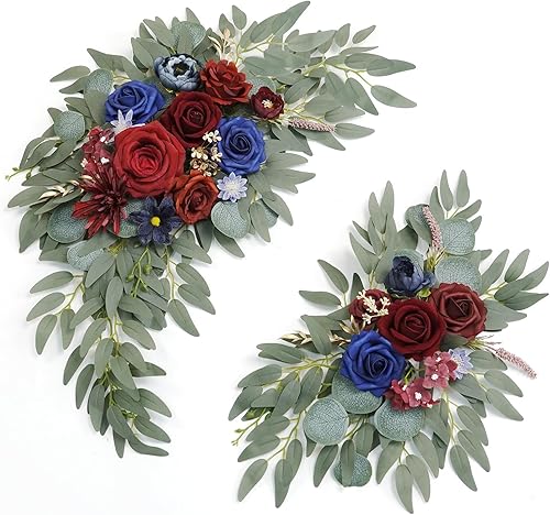 Piklado Juego de 2 guirnaldas de flores sintéticas para bodas, decoraciones florales y letreros de ceremonia de recepción de boda (borgoña y azul