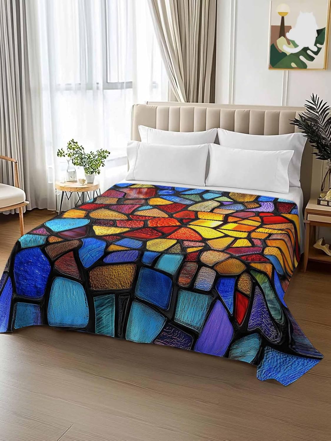 Blue Red Yellow Flat Bed Sheet King Size for King Mattress, Microfiber Bedding Top Sheets Deep Pocket for All Seasons, Modern Colored Rainbow Stained Glass Soft & Breathable Hotel Quality