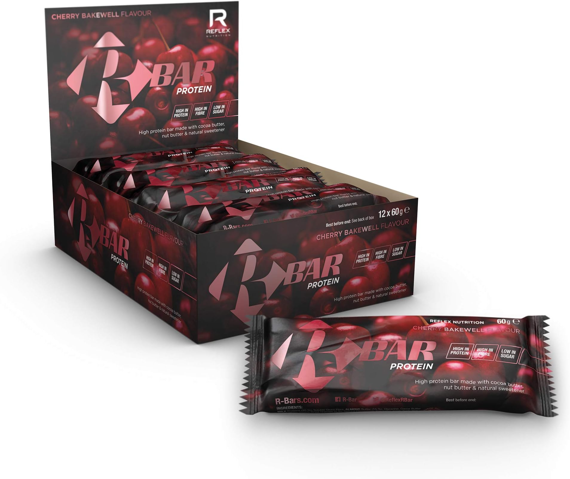 Reflex Nutrition R-Bar Protein Bar 20g Whey Protein Low in Sugar High in Fibre (Cherry Bakewell) (12x60g)