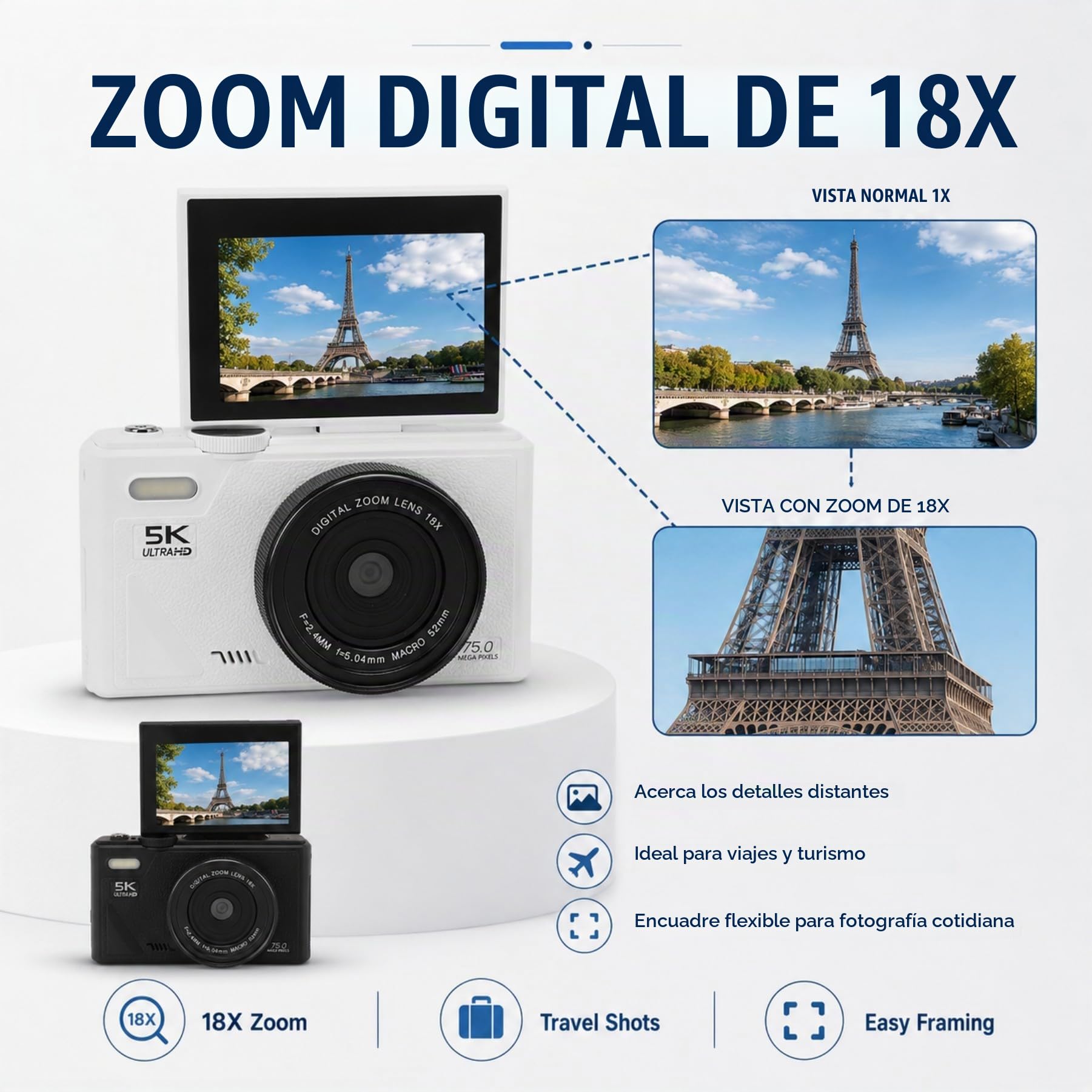 Cámara digital 5K 75MP con estabilización de zoom óptico de 18x, pantalla abatible de 3 pulgadas, cámara digital retro, cámara compacta para viajes, fotografía, vlogging, familia (blanco)