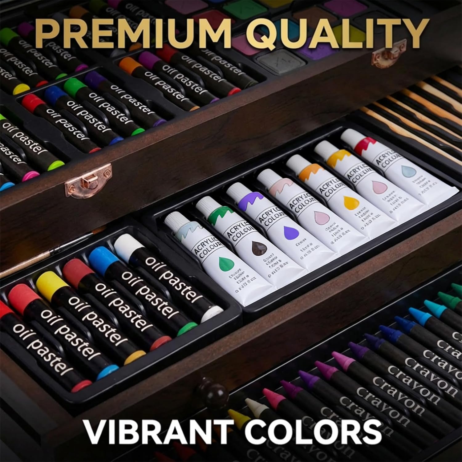 175-Pack Deluxe Wooden Art Set Drawing Painting Kit with 2 Drawing Pads, Acrylic Paints, Colored Pencils, Crayons, Paint Brush, Art Kit in Wooden Case, Gift for Artist, Adults, Teens and Kids