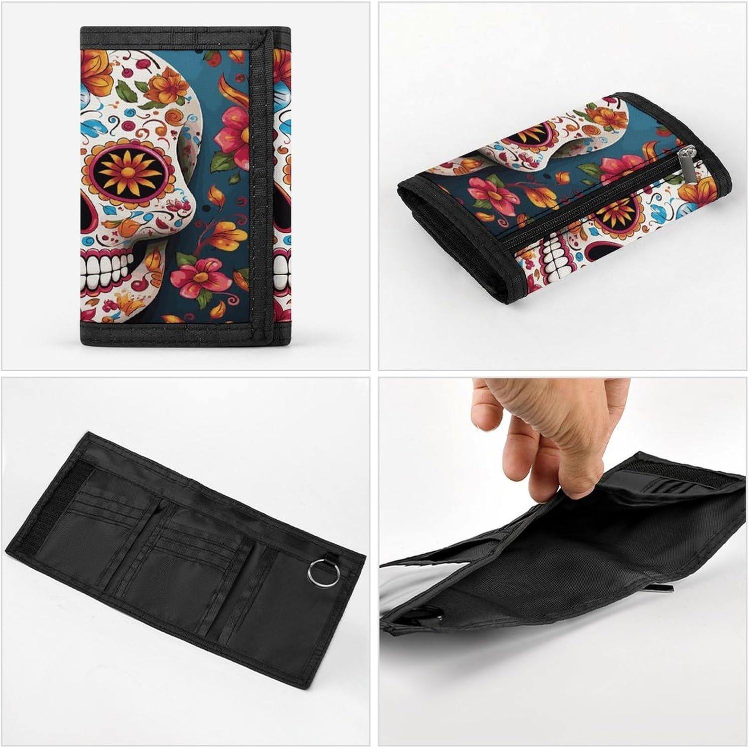 Colorful Sugar Skull Wallet for Men Women Zipper Travel Wallets Stylish Trifold Wallets with Large Capacity Bifold Wallet