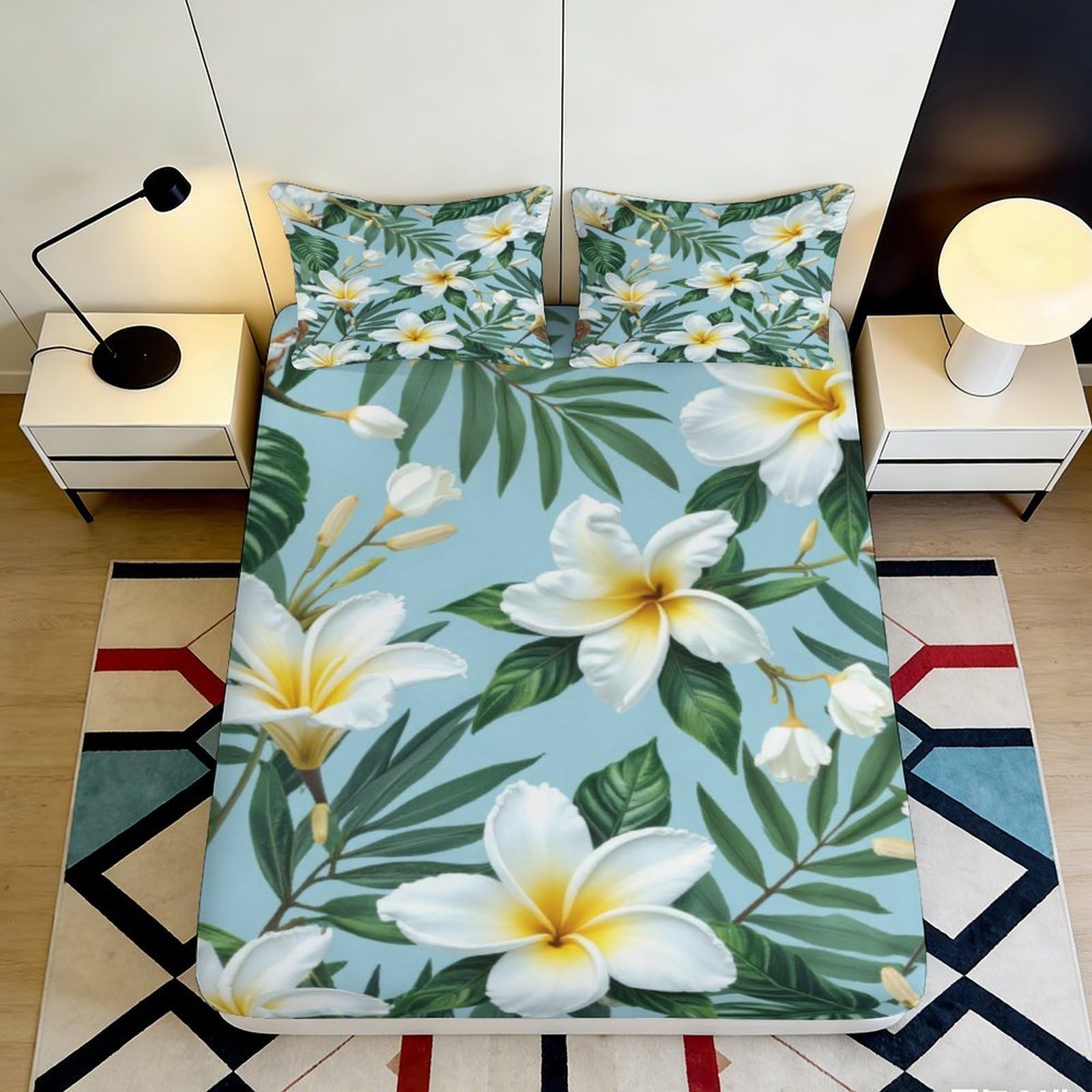 3D Printed Tropical Plumeria Fitted Sheet Microfiber Soft Floral Palm Bed Cover for Bedroom Guest Room Decor 90x200x25cm