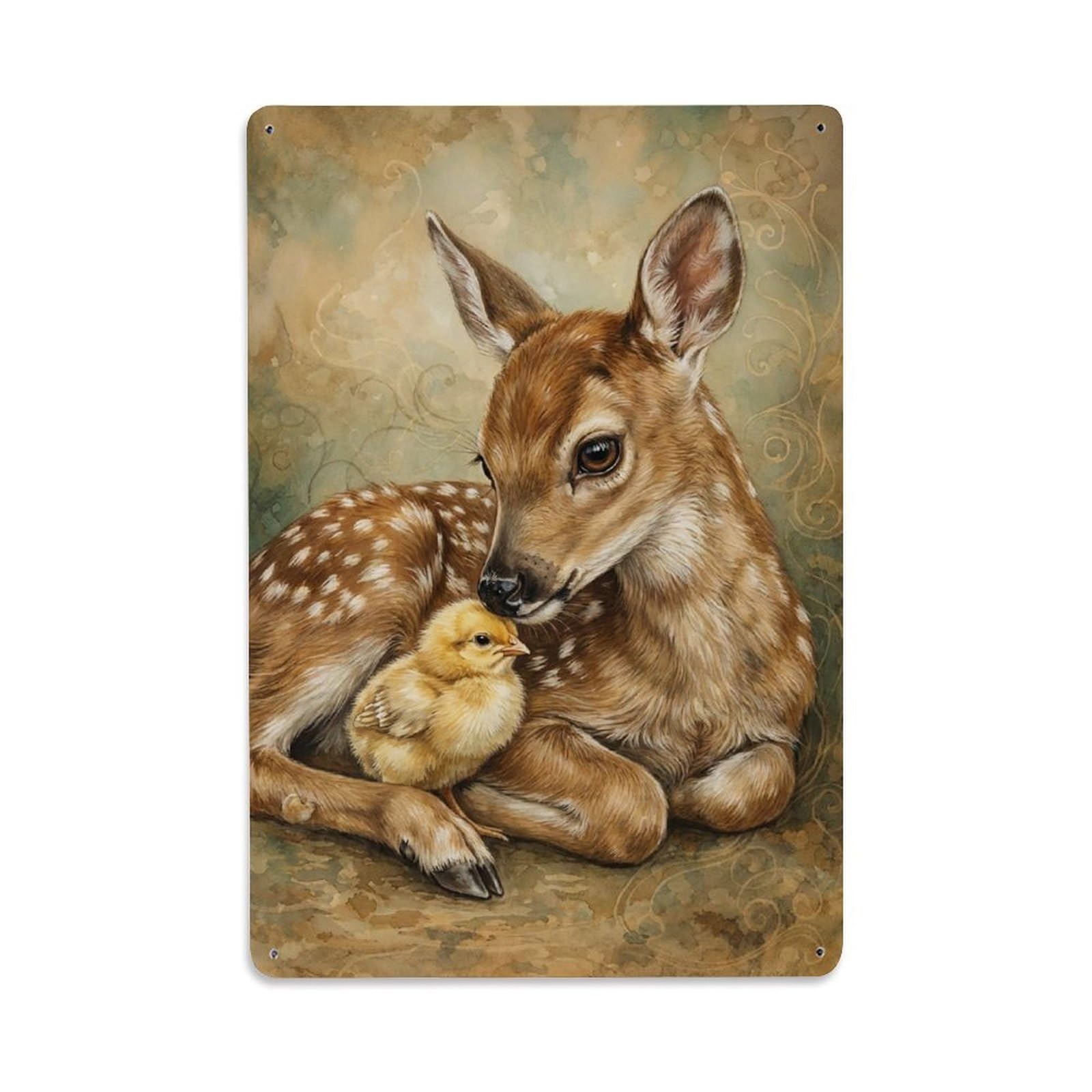 Vintage Animal Cute Fawn & Chick Animal Friendship Metal Tin Sign