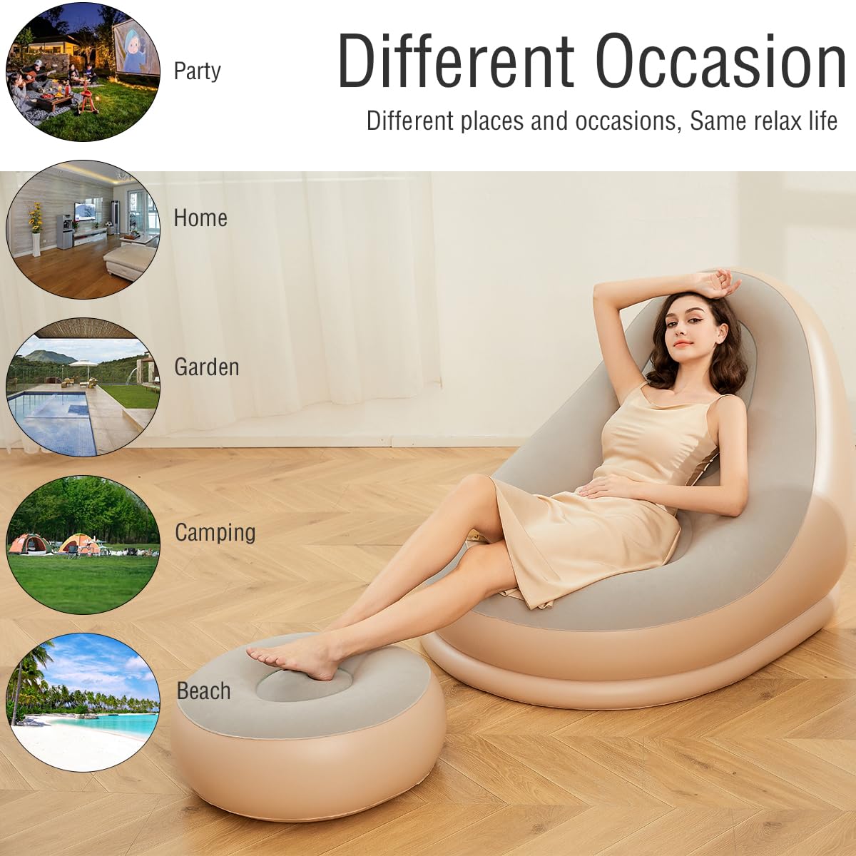 Baiao Inflatable Lounge Chair with Ottoman Footrest Indoor Foldable Deck Chair Chaise Lounges Lounge Sofa for Living Room Bedroom Patio Poolside Beach (Milk-Tea) 2