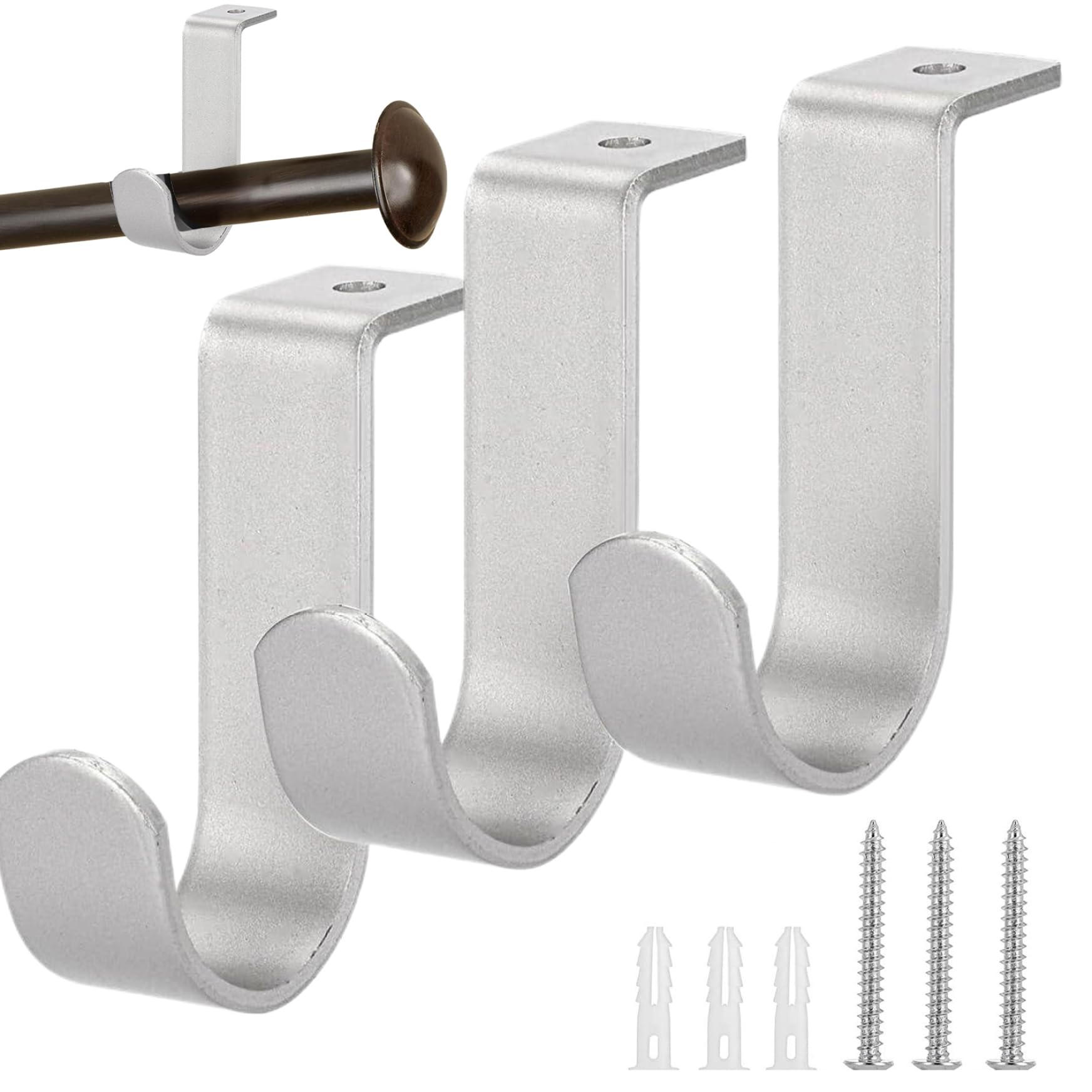 Wedhapy Curtain Rod Holders 3Pcs Curtain Rod Bracket, Ceiling Mounted Brackets, Heavy Duty Metal Single Rods Hooks Hanger Fit for 1 Inch Drapery, Silver