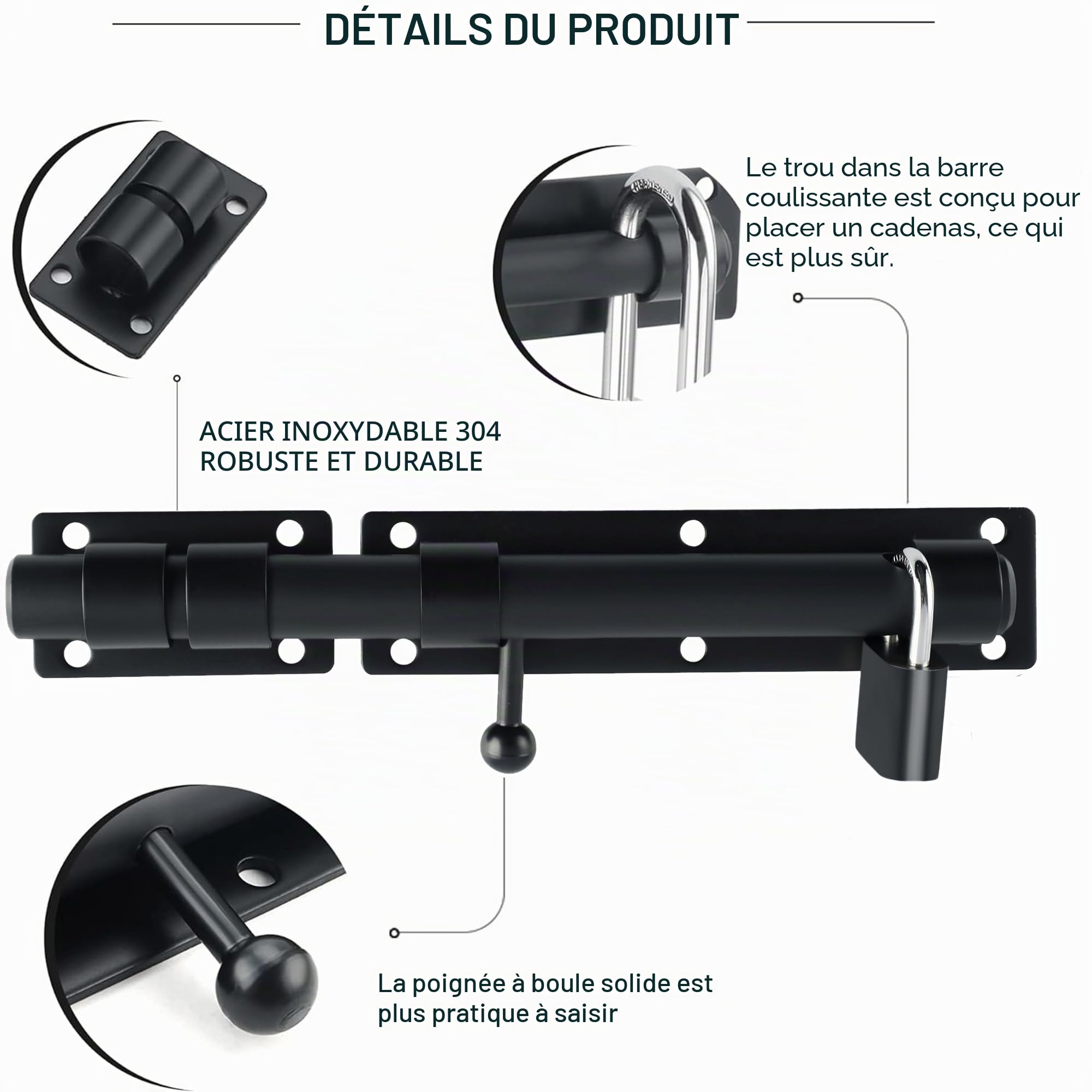 SAYAYO Loquet Porte Exterieur Verrou Porte Coulissante avec Cadenas et 4 Clés, Verrou Portail Robuste en Acier Inoxydable, 230MM Longueur, Noir Mat, EMST8100-B