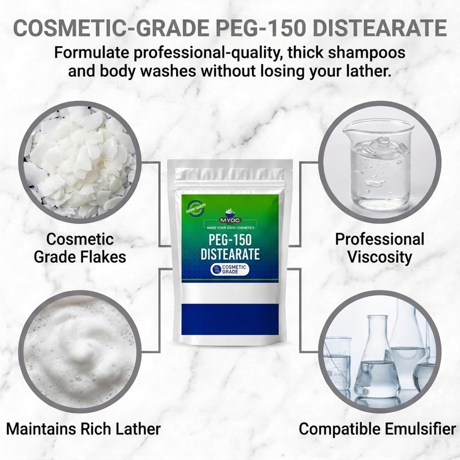 PEG-150 Distearate – 100g (3.5 oz) Cosmetic Grade Thickener & Emulsifier for Shampoo, Body Wash & Facial Cleanser Systems | White Flakes