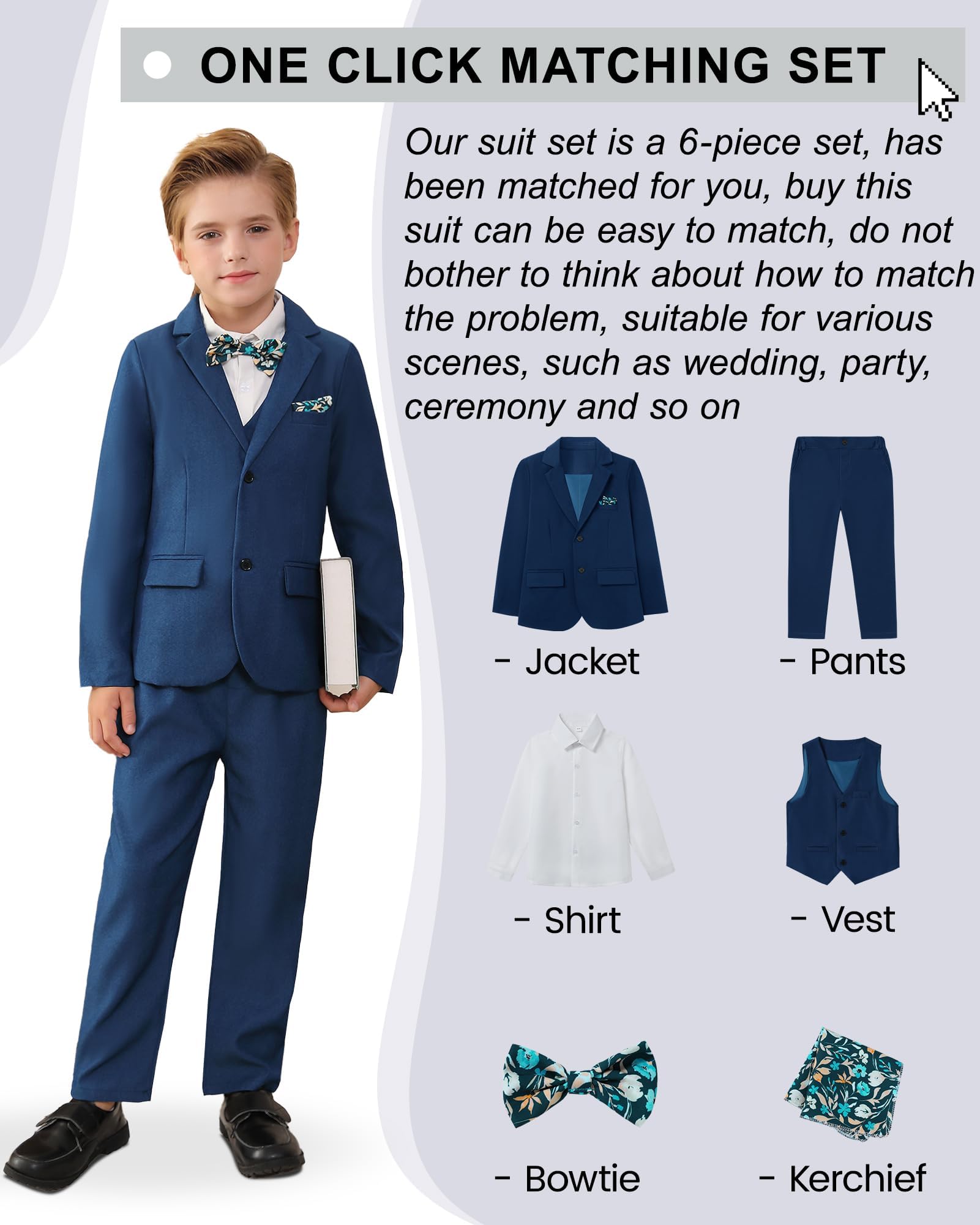 Traje de Niños 5 Piezas Clásico Slim Fit Traje de Boda Conjunto Caballero Esmoquin Chaqueta Abrigo + Chaleco + Blusas + Pajarita + Pantalones Niños Bautizo Traje