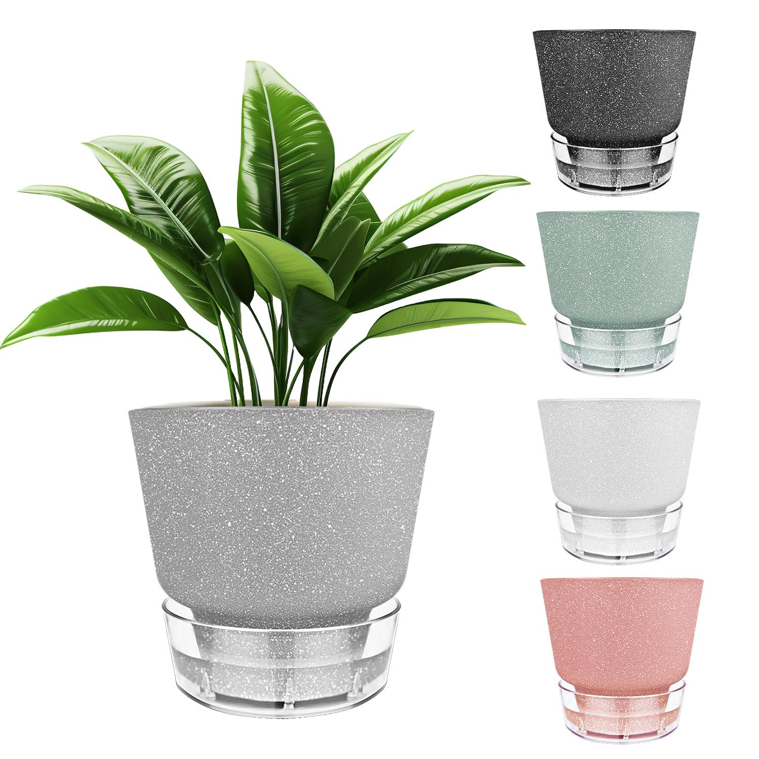HYNZ 6-Inch Self-Watering Plant Pot with Visual Reservoir and Drainage Hole, Set of 5, Plastic Flower Pots, Planting Pot for Indoor Outdoor Plants (