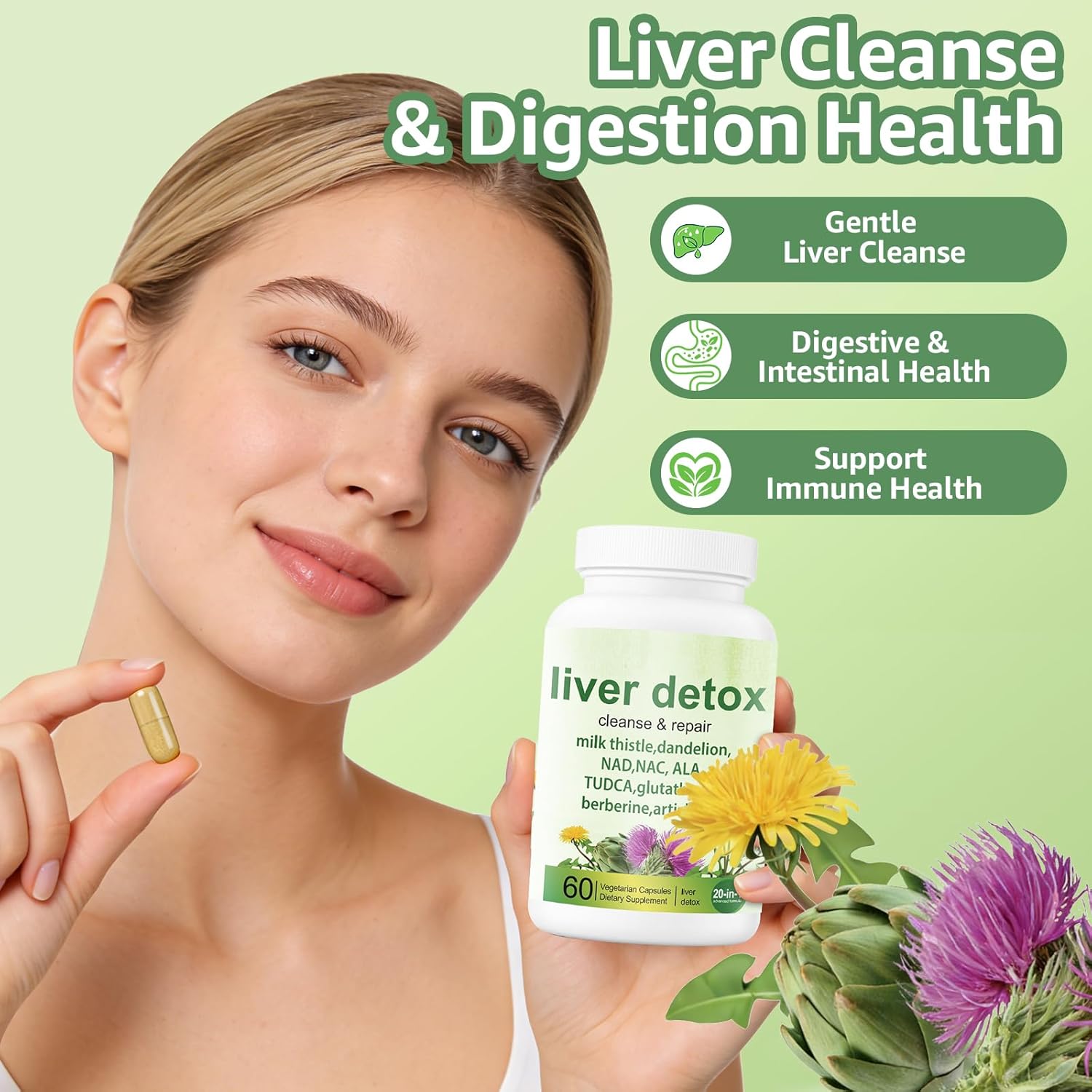 Liver Detox Capsules - 20-in-1 Herbal Formula with Milk Thistle, Dandelion, Turmeric & Artichoke Leaf for Liver Support and Digestive Balance - Non-GMO, Gluten-Free (60 Count)