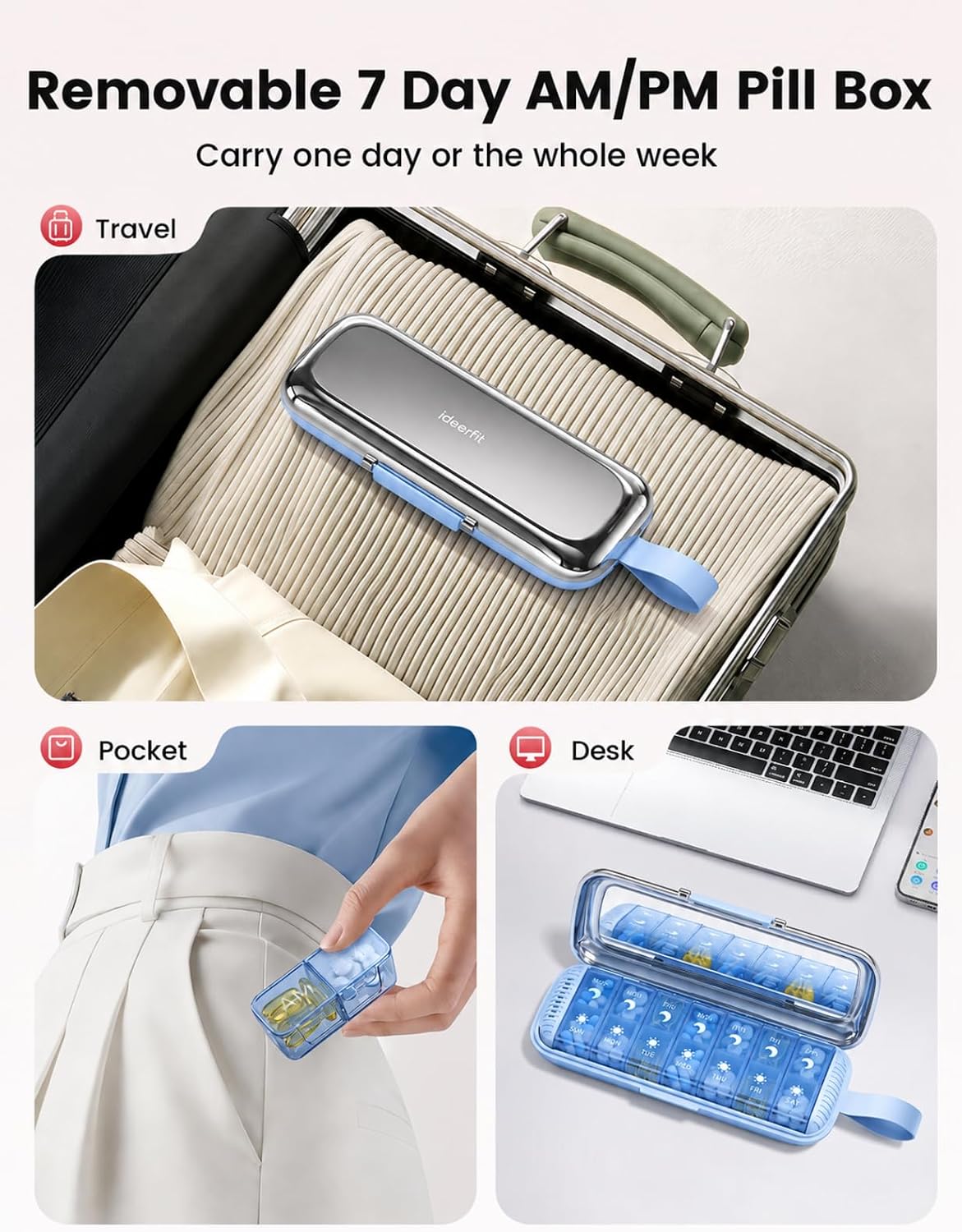Pill Organizer 2 Times a Day with Desiccant, Seal & Built-in Mirror