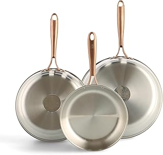 BK Rose Set di 3 Padelle in Acciaio Inox 18/10 Ø 20/24/28 cm, Senza Rivestimento, Compatibili Induzione, Lavabili in Lavastoviglie, Adatte al Forno, Argento