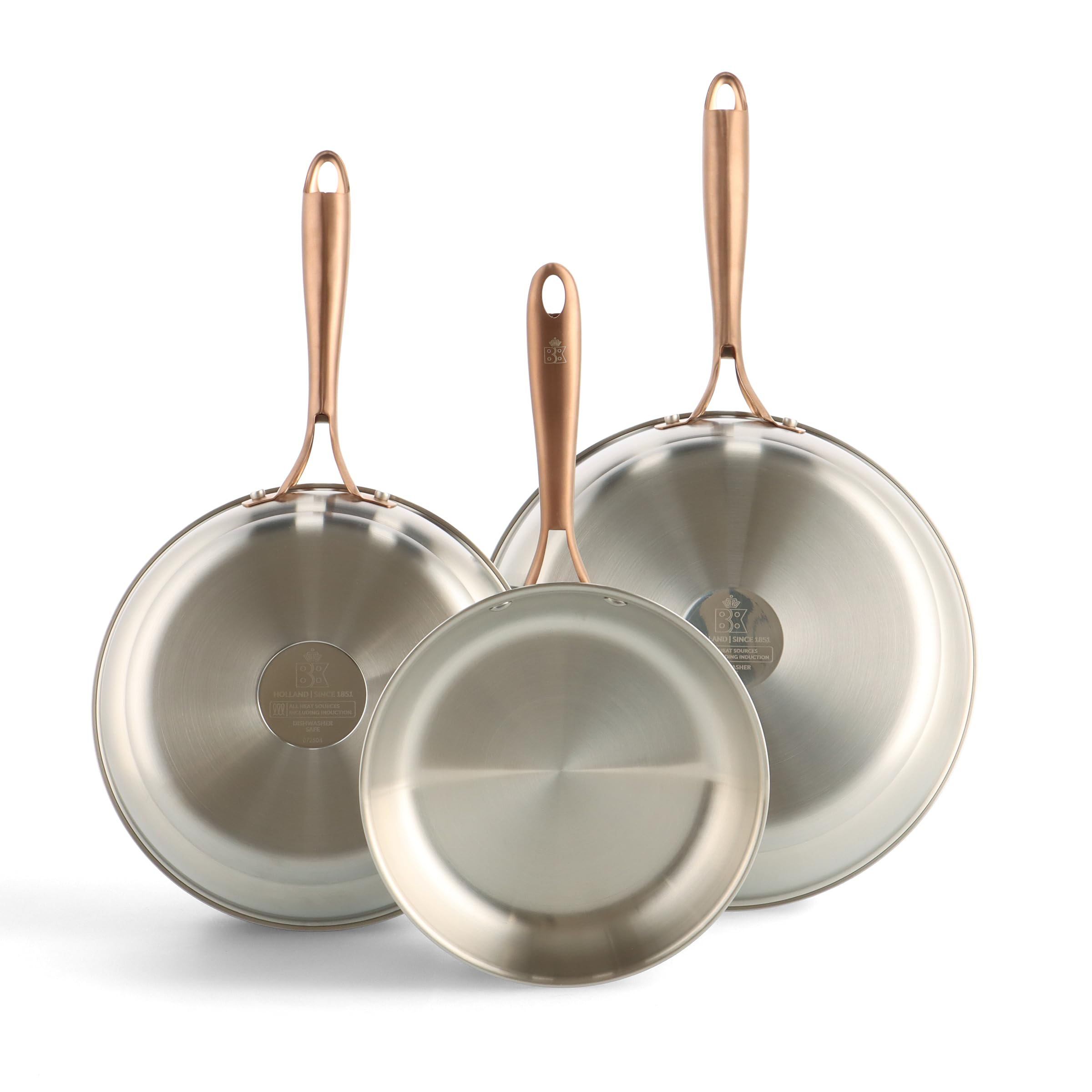 BK Rose Set di 3 Padelle in Acciaio Inox 18/10 Ø 20/24/28 cm, Senza Rivestimento, Compatibili Induzione, Lavabili in Lavastoviglie, Adatte al Forno, Argento
