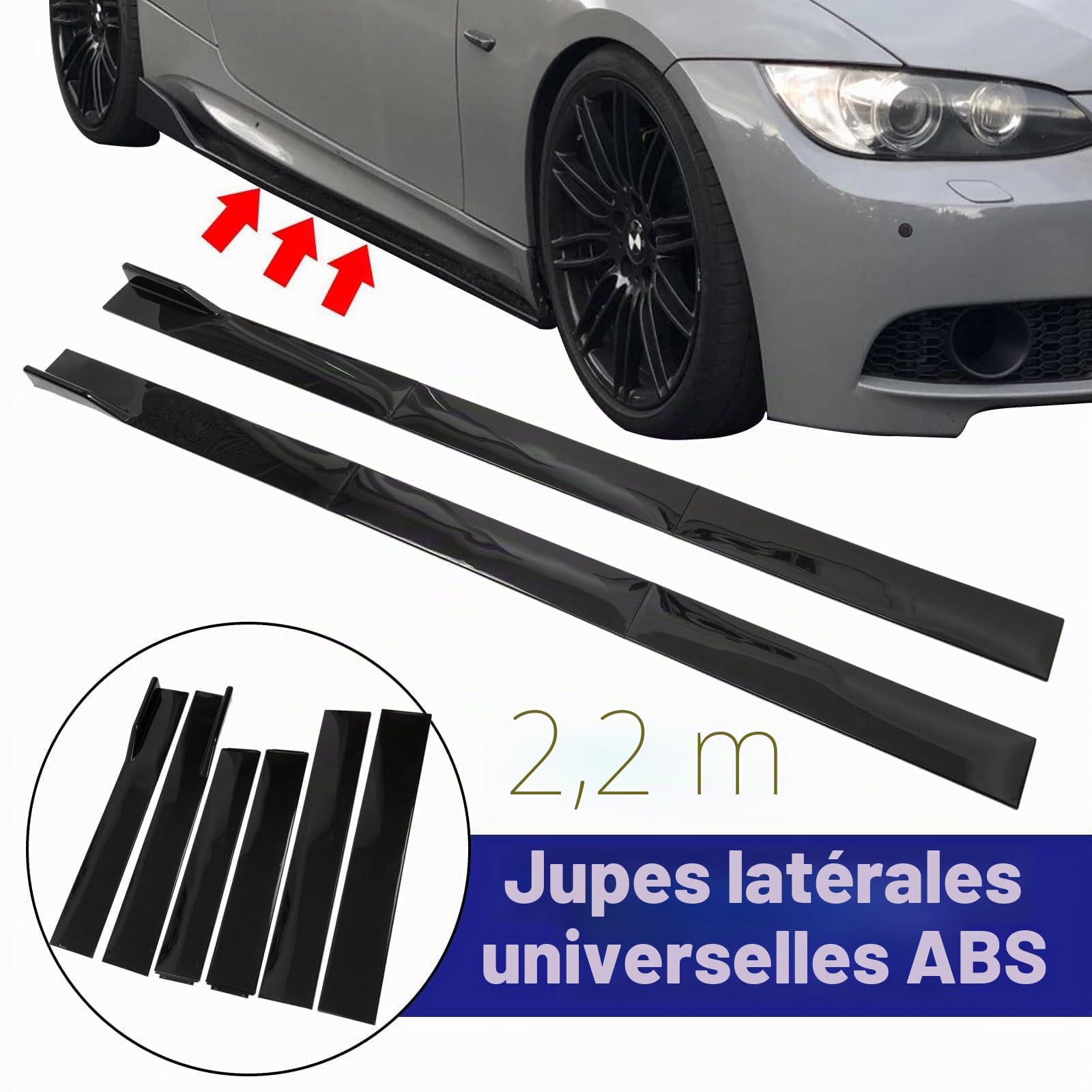 AUTOXBERT Extension de Jupe Latérale Universelle de Voiture de 2,2m, Panneau de Bascule de Séparation de Lèvre en Noir Brillant, Extension de Jupe Latérale Universelle