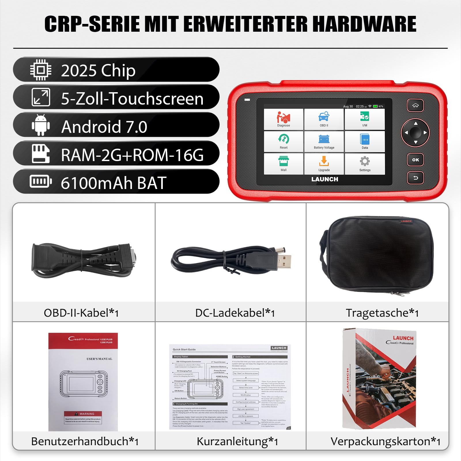 LAUNCH OBD2 Diagnosegerät Auto CRP129e Plus, Auslesegerät mit Alle System, 12+Reset ABS/EPB/DPF/SAS/TPMS Reset/Batterieabgleich/Einspritzdüsen-Codierung/Öl/Drosselklappe, Lebenslanges Software-Update