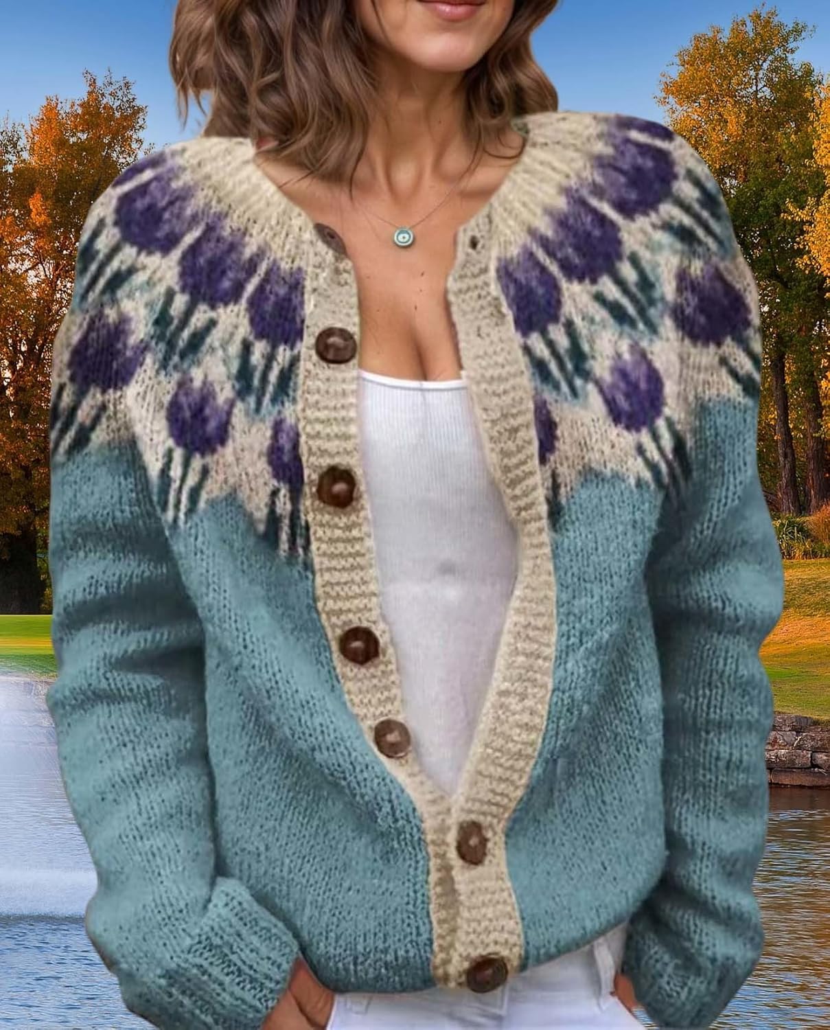 Women's Fair Isle Pattern Knit Cardigan Sweater Vintage Button Down Open Front Jacket Coat for Fall & Winter 2025 - Image 5