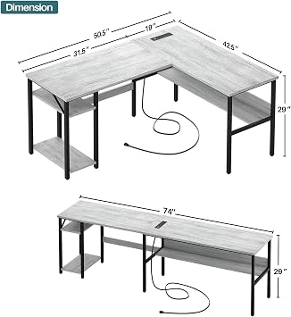 Unikito L Shaped Computer Desk with Magic Power Outlets and USB Charging Ports, Sturdy Reversible Corner Desk with Storage Shelves, Modern Work Desk for Home Office, Easy to Assemble, White Oak