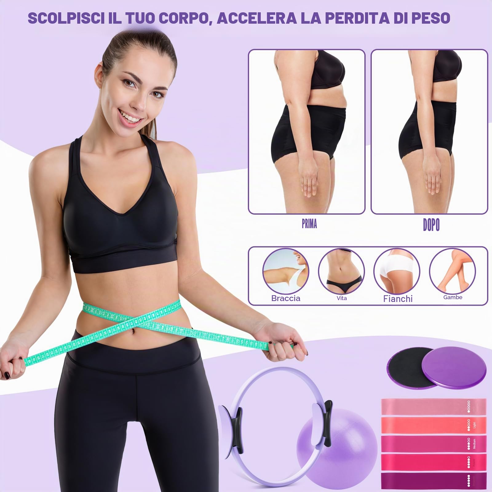 Set di anelli da pilates – Pilates Essential Kit con 32 cm Magic Circle, Pilates Ball, Pilates Bänder, Sliding Disks & Training Poster ecc., Attrezzature per il fitness per la casa, accessori