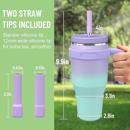 Miniatura 6 de Vaso de 40 onzas con asa y tapa con popote, taza de viaje de acero inoxidable aislada al vacío con tapa de tornillo para colocar en el soporte para