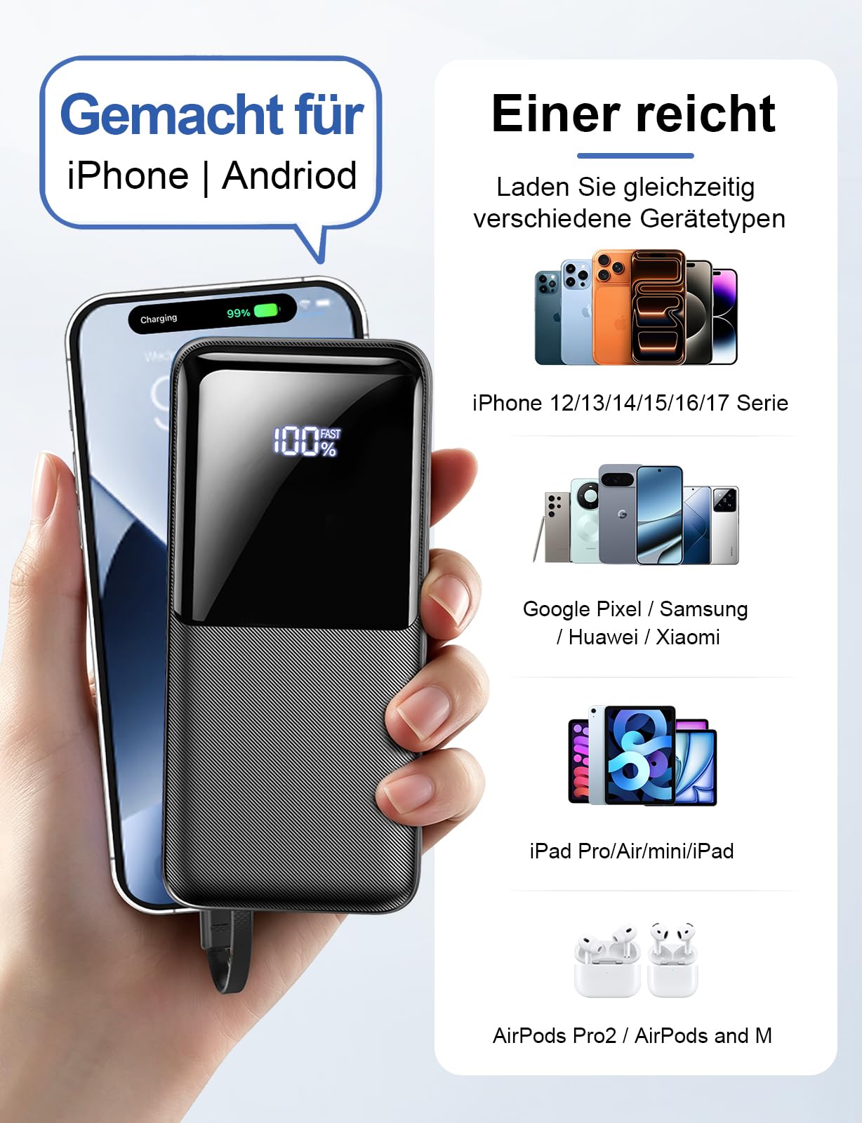 Batterie Externe 26800mAh, 22,5W USB-C Charge Rapide, 2 câbles intégrés