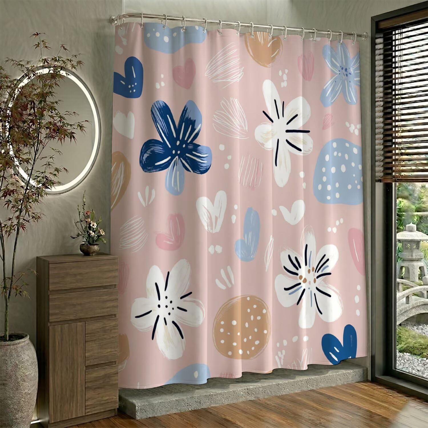 Rideau de douche 130 x 150 cm fleur rose anti-moisissure en polyester imperméable