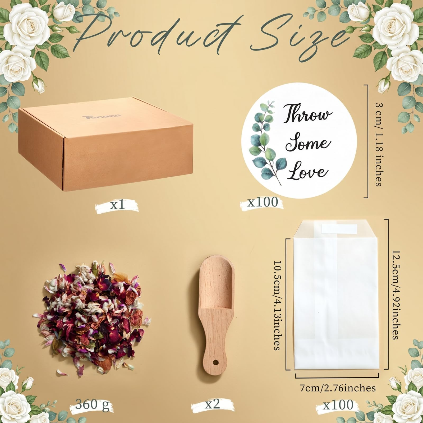 Tenare 100 Sets de Confettis de Mariage pour 95-100 Invités, Comprenant Pétales de Rose Séchés Naturels Sacs de Confettis en Verre et Autocollants Pelle en Bois et Boîte de Présentation (Élégant)