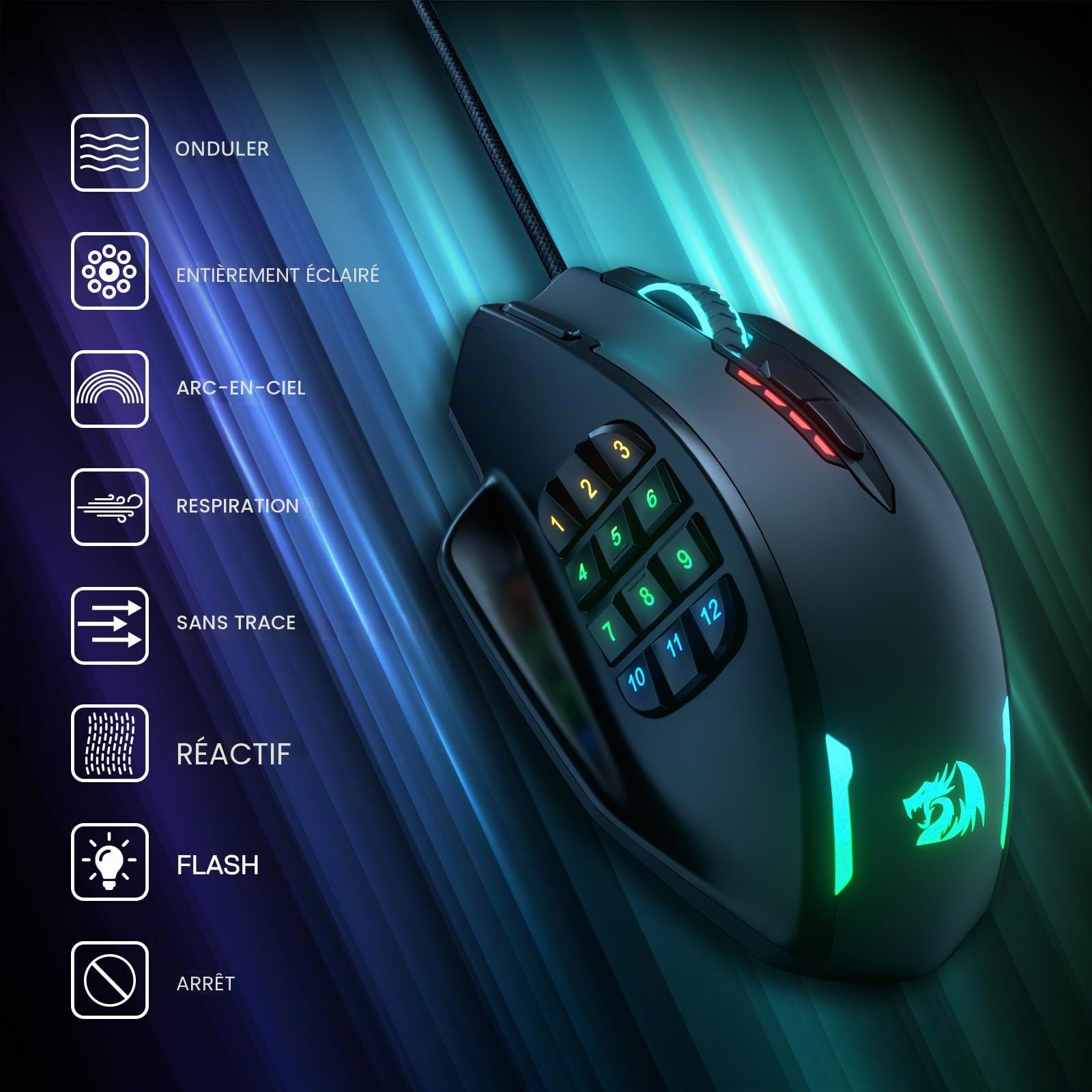 Redragon M908 Impact RGB LED Souris MMO avec Boutons latéraux, Souris de Jeu Optique Filaire avec 12 400 DPI, Haute précision, 20 Boutons de Souris programmables
