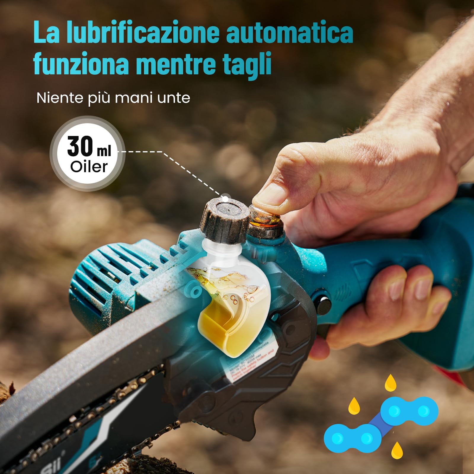 Mini Motosega a Batteria Portatile, SEESII Sega a Batteria da 6 Pollici con Caricatore, 2 Batterie e Oliatore Automatico, Motosega Elettrica per Giardinaggio, CH610