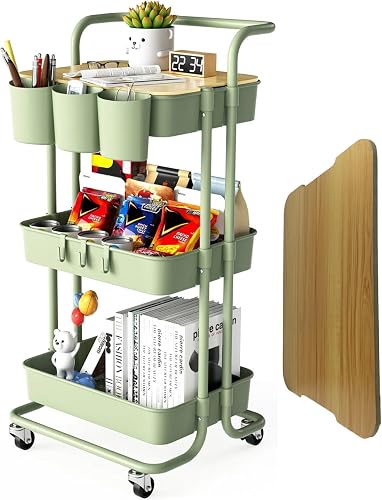 Three-Tier Rolling Storage Cart with Wood Top