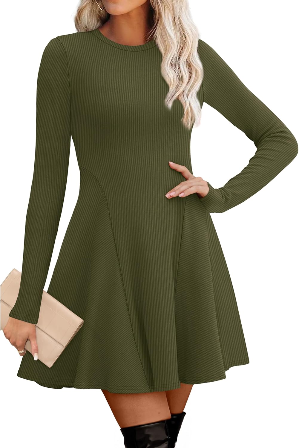 OFEEFAN Sweater Dress for Women Fall 2025 Long Sleeve Crew Neck Ribbed Knit Fit and Flare A-Line Dresses