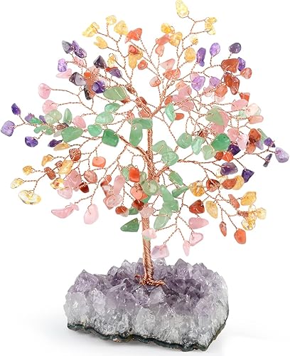Miniatura 10 de Árbol de la vida de cristal de cuarzo rosa con base de racimo de amatista, árbol de dinero decorativo de Feng Shui, regalo de energía positiva de